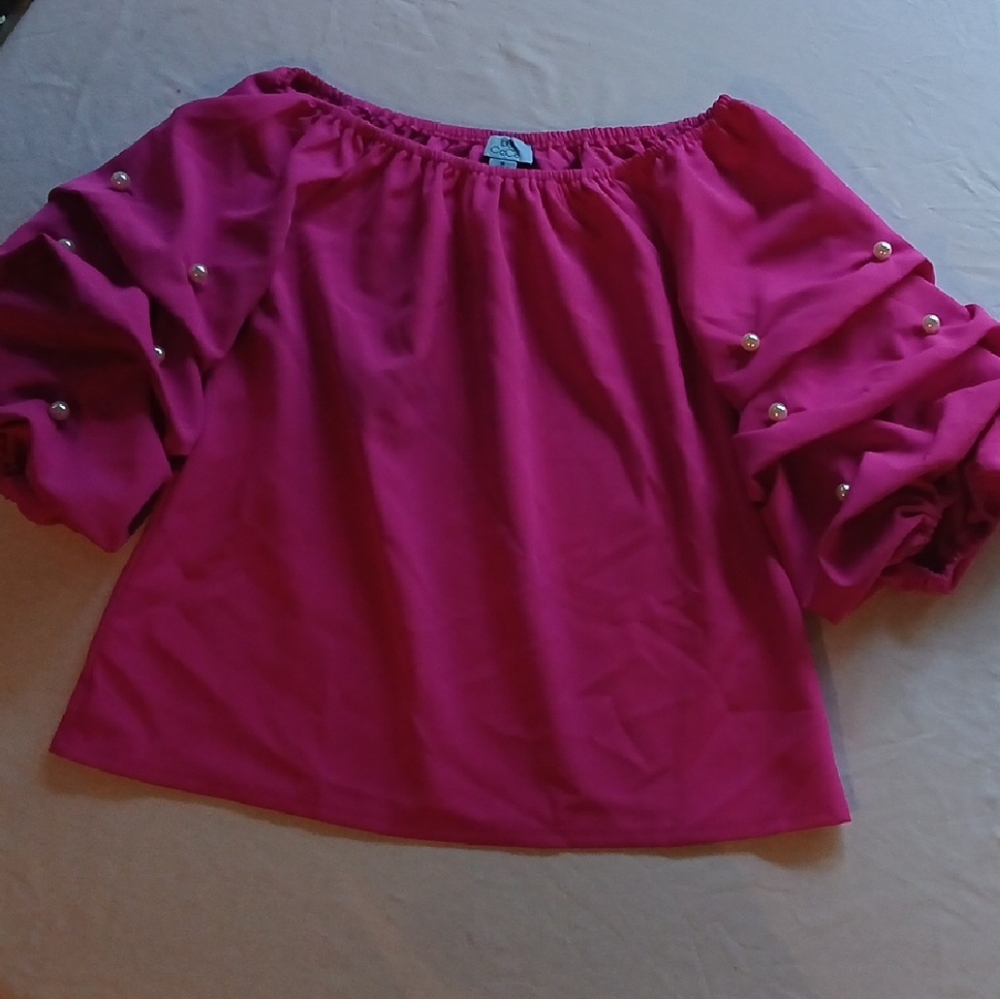 CeCe Fuchsia Off-Shoulder Blouse with Pearl Details